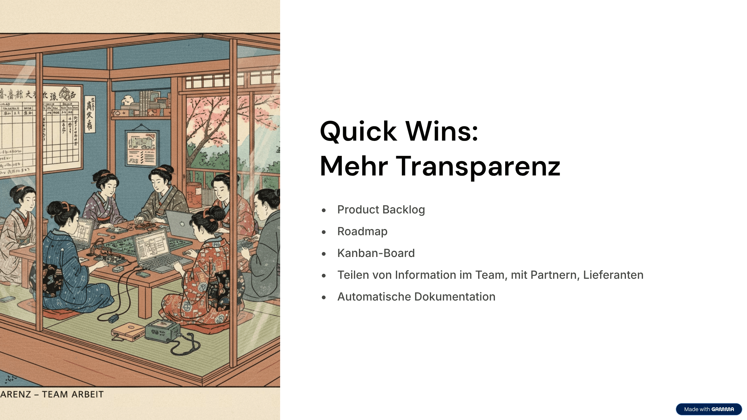 Beispiele für Werkzeuge, die Transparenz schaffen, wie Product Backlog, Roadmap und Kanban-Board.